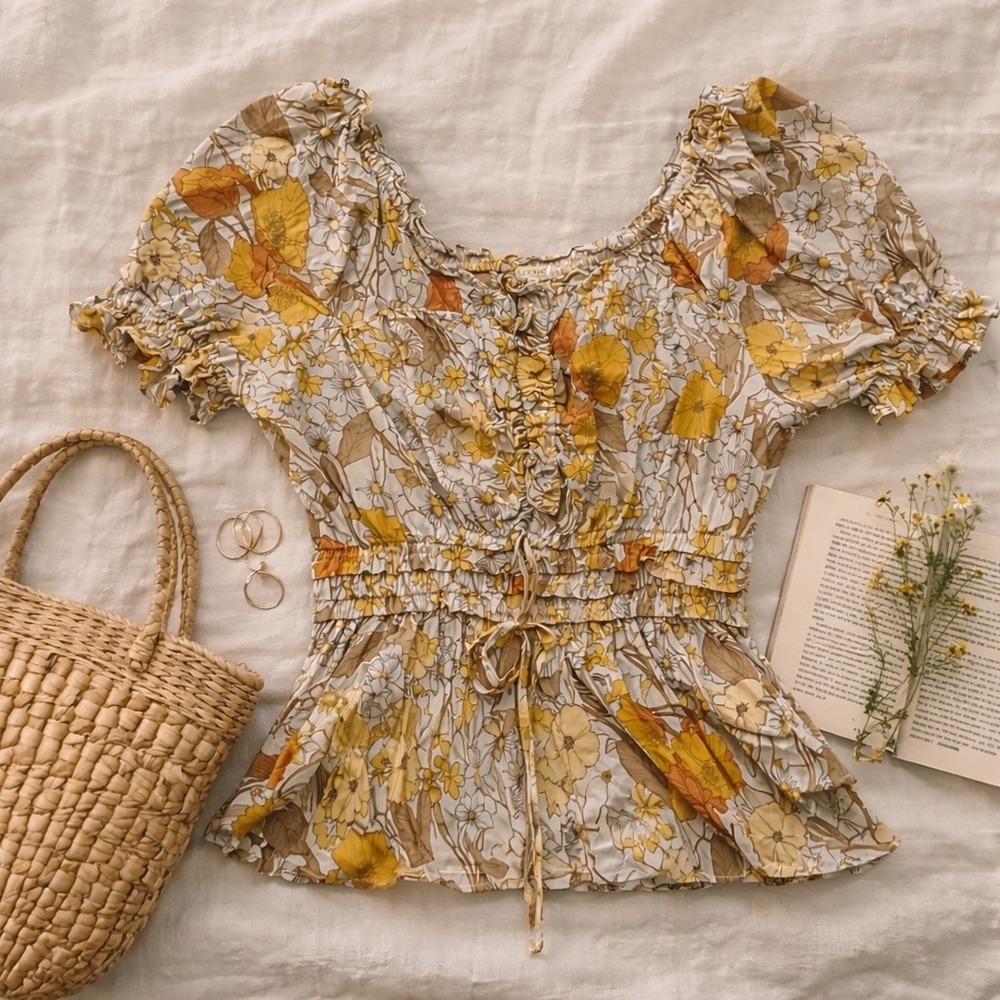 Y2K Cottagecore Floral Peasant Top Puff Sleeve Boho Peplum Blouse Plus 18/20